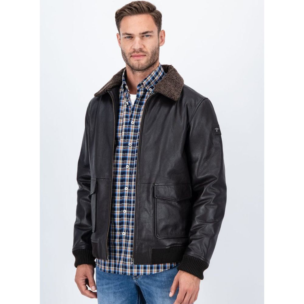 FYNCH HATTON NAPPA LEATHER BOMBER WITH FUR COLLAR MEN DARK BROWN JACKET